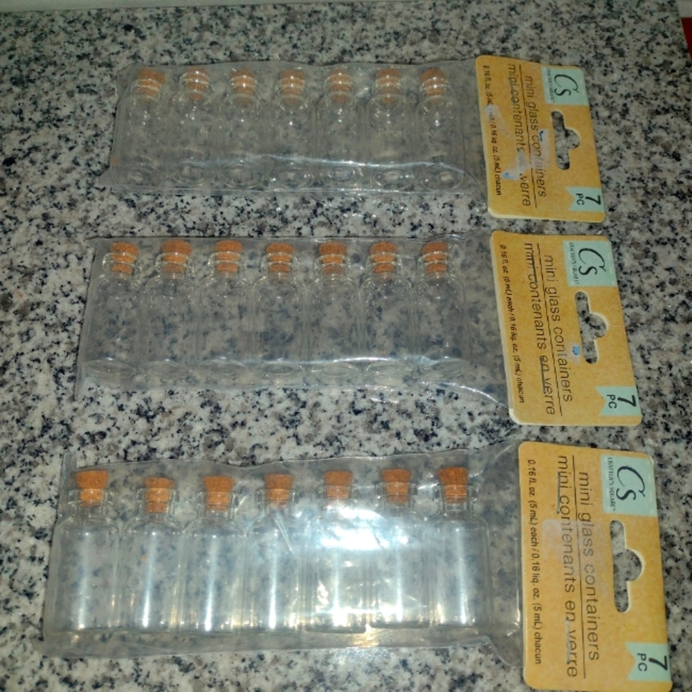 Mini Glass Bottles 0.16 Oz. w/Cork Lids. 3 Packages. 21 Bottles In Total.